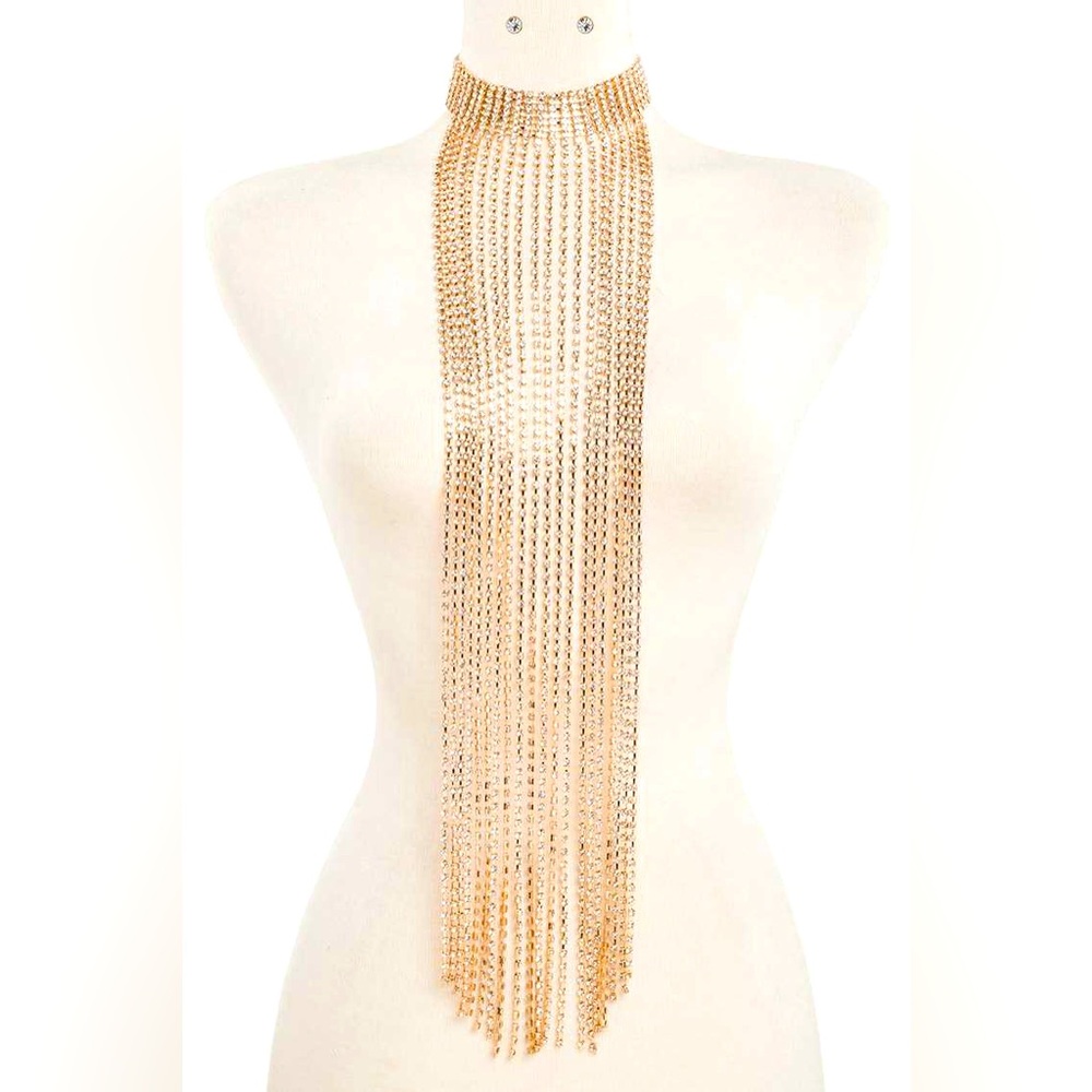 Long Gold Rhinestone Fringe Statement Necklace